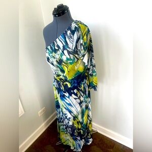 Cachet Size 10 One-Shoulder Beaded Floral Print Dress Polyester Lined Elegant